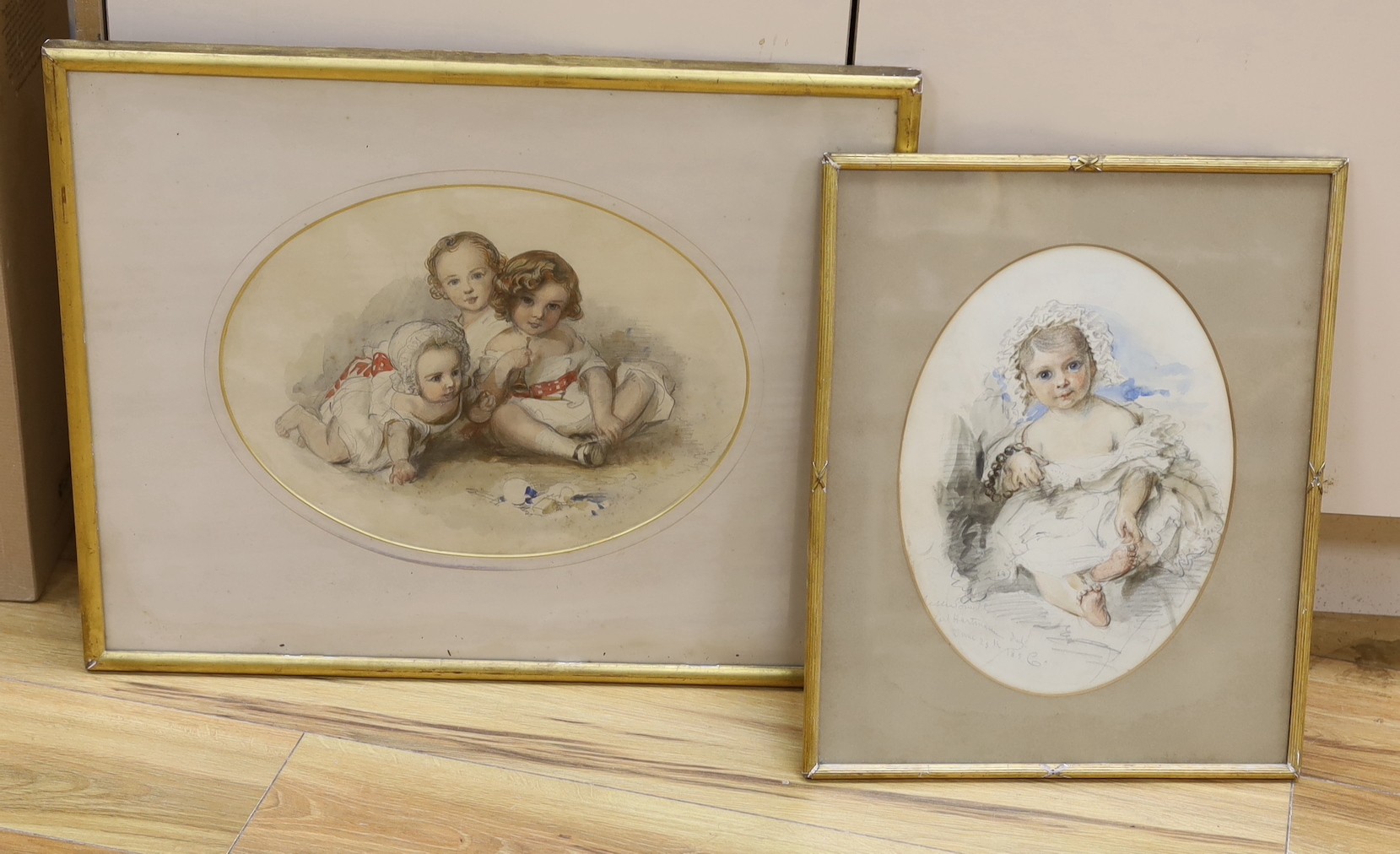 Karl Hartmann (1818 - 1857) two watercolours on paper, studies of Robert Baden-Powells siblings, probably Jessie, Warington, George and Augustus, both signed in pencil, larger 28 x 37 cms.